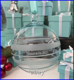 Tiffany&Co Crystal Blue Glass Ball Ornament 2019 Frosted Stripes Glass W Box
