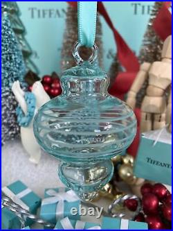 Tiffany&Co Crystal Bulb Ornament Blue Etched Stripes Glass Christmas Tree
