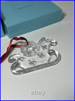 Tiffany&Co Crystal Sleigh Ornament Frosted Bow Candy cane Christmas 1997 W Pouch