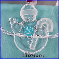 Tiffany & Co. Crystal Snowman Cane Christmas Ornament 3 With Pouch and Box