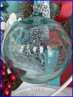 Tiffany&Co Holly Ball Ornament Blue Crystal Glass Etched 2018 W Box