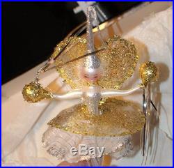 Vintage 8 gold balls Christmas ornament blown glass feather lady rare Italy