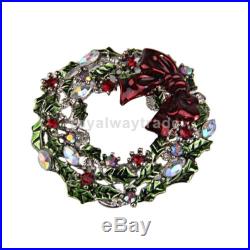 Vintage Bowknot Ornaments Crystal Leaves Wreath Brooch Pin Christmas Gift