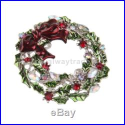 Vintage Bowknot Ornaments Crystal Leaves Wreath Brooch Pin Christmas Gift