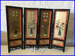 Vintage Chinese Four Seasons Table Screen w Jade Coral & Quartz Stone Decoration