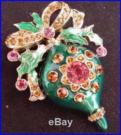 Vintage Christmas Brooch Pin Crystal Rhinestone Holly Ornament Pink Green C813