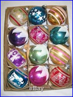 Vintage Christmas Glass Shiny Brite Snowcap Stencil Stripe Ornaments Mica Accent