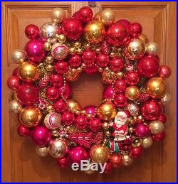 Vintage Handmade 20 Pink & Gold Christmas Ornament Wreath withShiny Brite, Japan