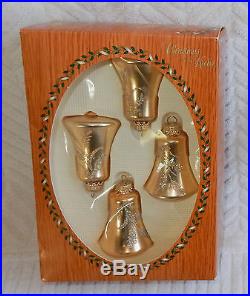 Vintage Krebs Glass Christmas Ornaments Gold Bells Wheat Leaves Glitter Boxed