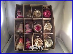 Vintage Shiny Brite Christmas Ornaments-6 Double Indent-6 Striped Bells In Box