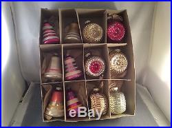 Vintage Shiny Brite Christmas Ornaments-6 Double Indent-6 Striped Bells In Box