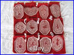 WATERFORD CRYSTAL 12 DAYS OF CHRISTMAS ORNAMENTS SET, BOX, WITH GOLD PLATED TREE