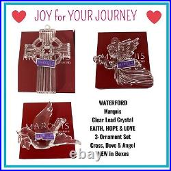 WATERFORD Marquis Clear Lead Crystal FAITHHOPELOVE 3-Ornament Set NEW in Boxes