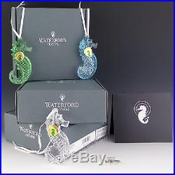 Waterford Crystal NEW Three SEAHORSE Xmas Tree Ornaments Blue, Green, Clear 3