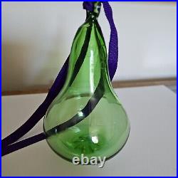 William Yeoward Etched Green Crystal Glass Pear Christmas Ornament with Box