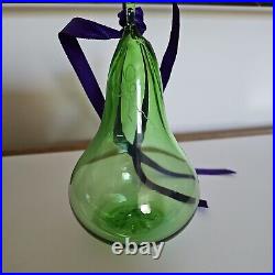 William Yeoward Etched Green Crystal Glass Pear Christmas Ornament with Box